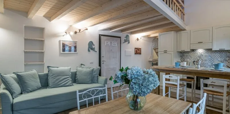 A living area opens onto a compact kitchen, with pale seating beneath exposed ceiling beams.