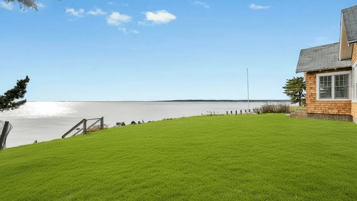 A waterfront lawn beside a house overlooks a broad body of water.