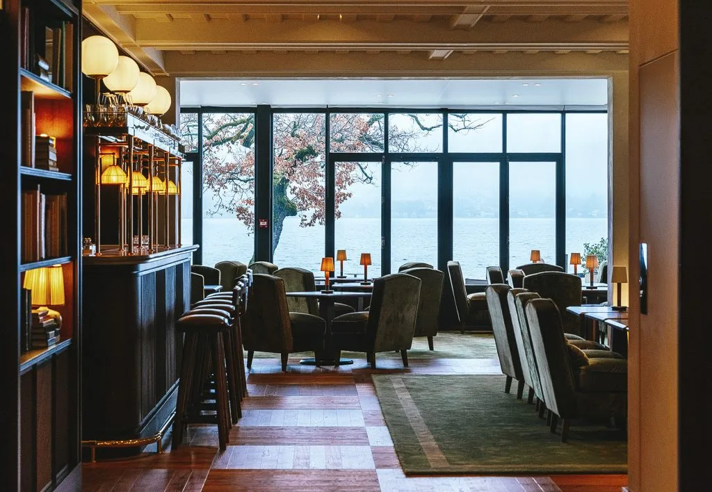 Hotel interior overlooking Lake Annecy