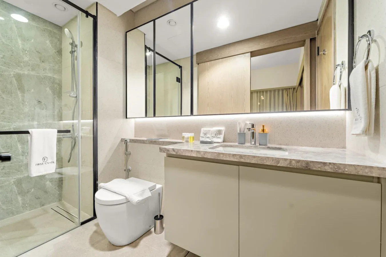 Un baño moderno con ducha de vidrio, inodoro y un largo tocador.