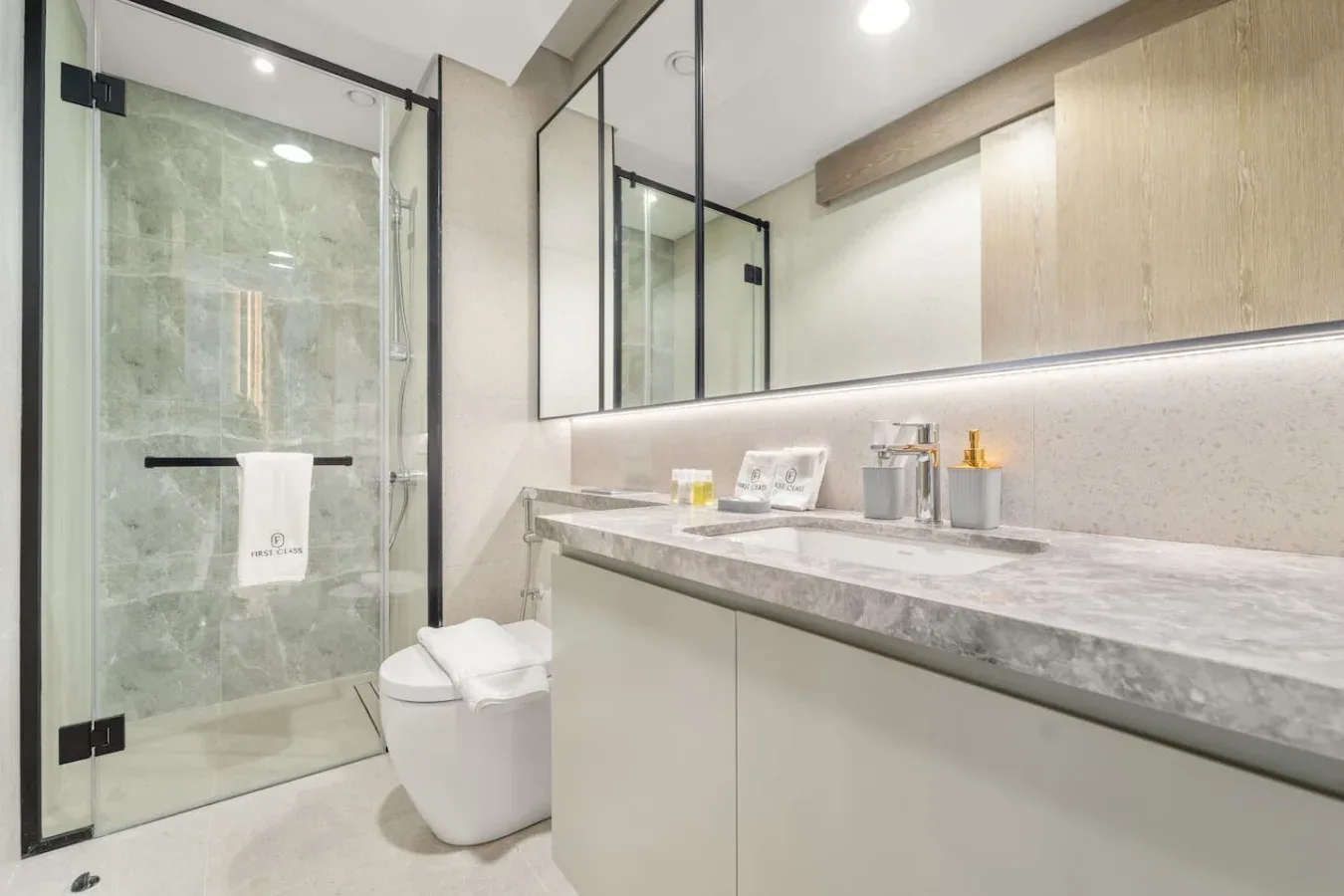 Un baño moderno con una ducha de vidrio y un largo tocador bajo un espejo.
