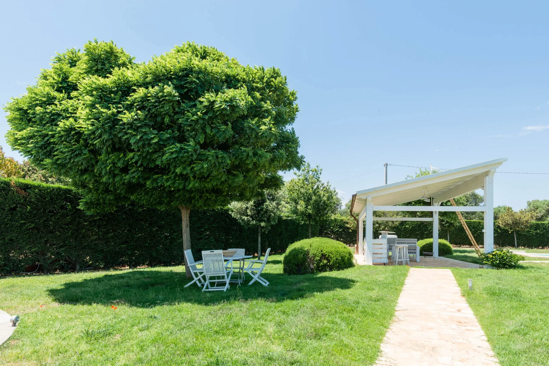 A sunny garden with a tree, outdoor seating, and a covered patio.