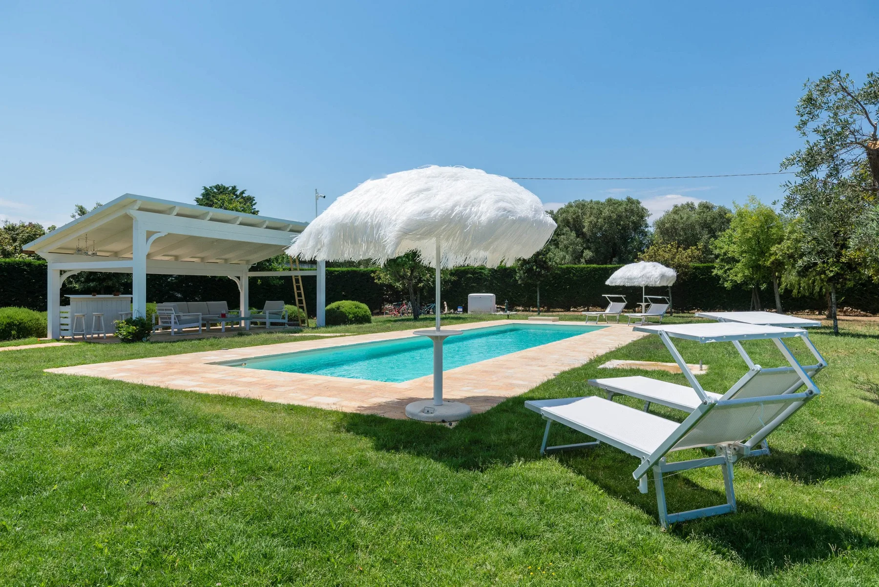An outdoor swimming pool is surrounded by lawn, sun loungers, and shade umbrellas.