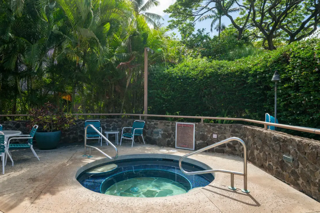 A small outdoor pool is set beside a stone wall and tropical greenery.