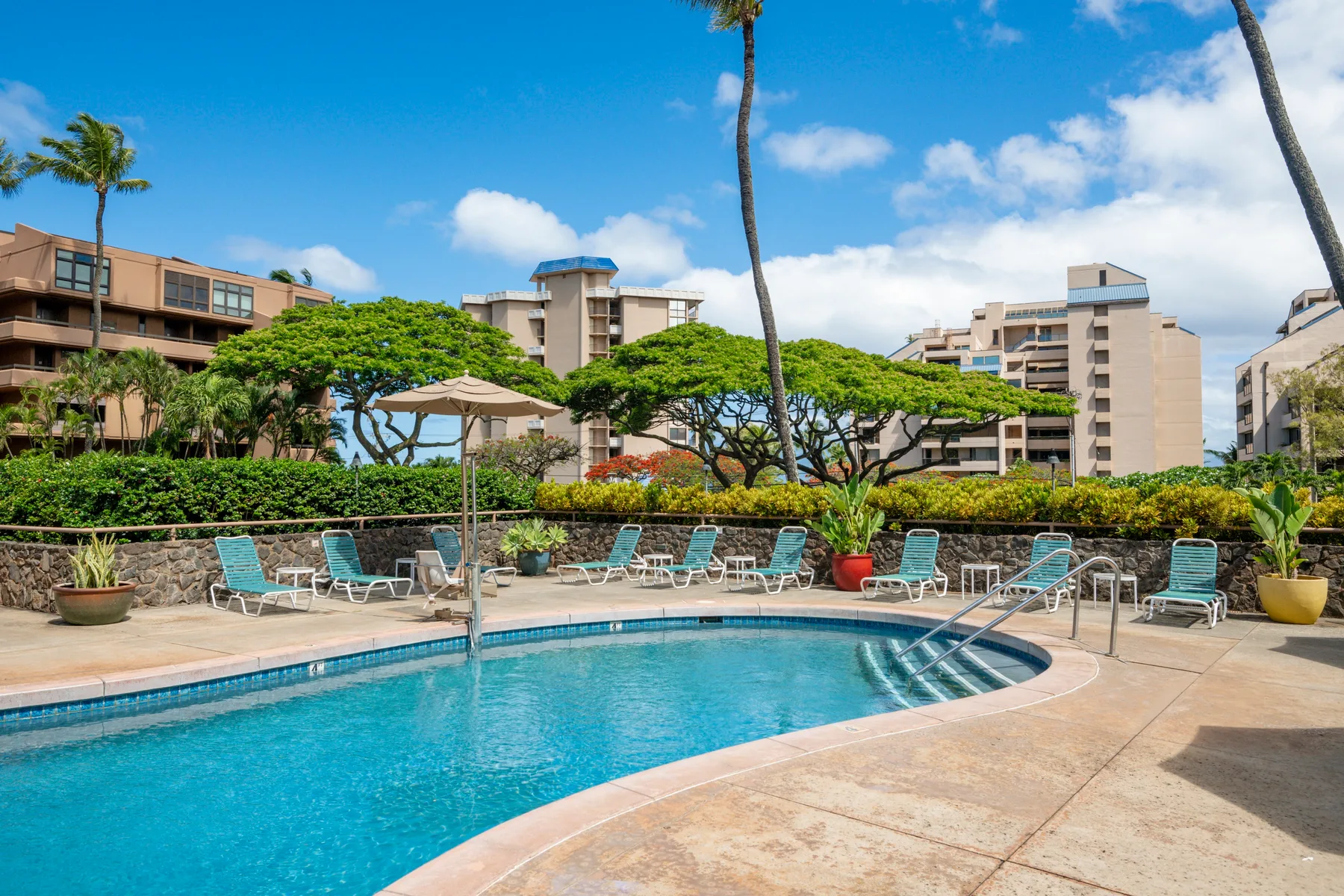 An outdoor swimming pool is surrounded by lounge seating and landscaped greenery.