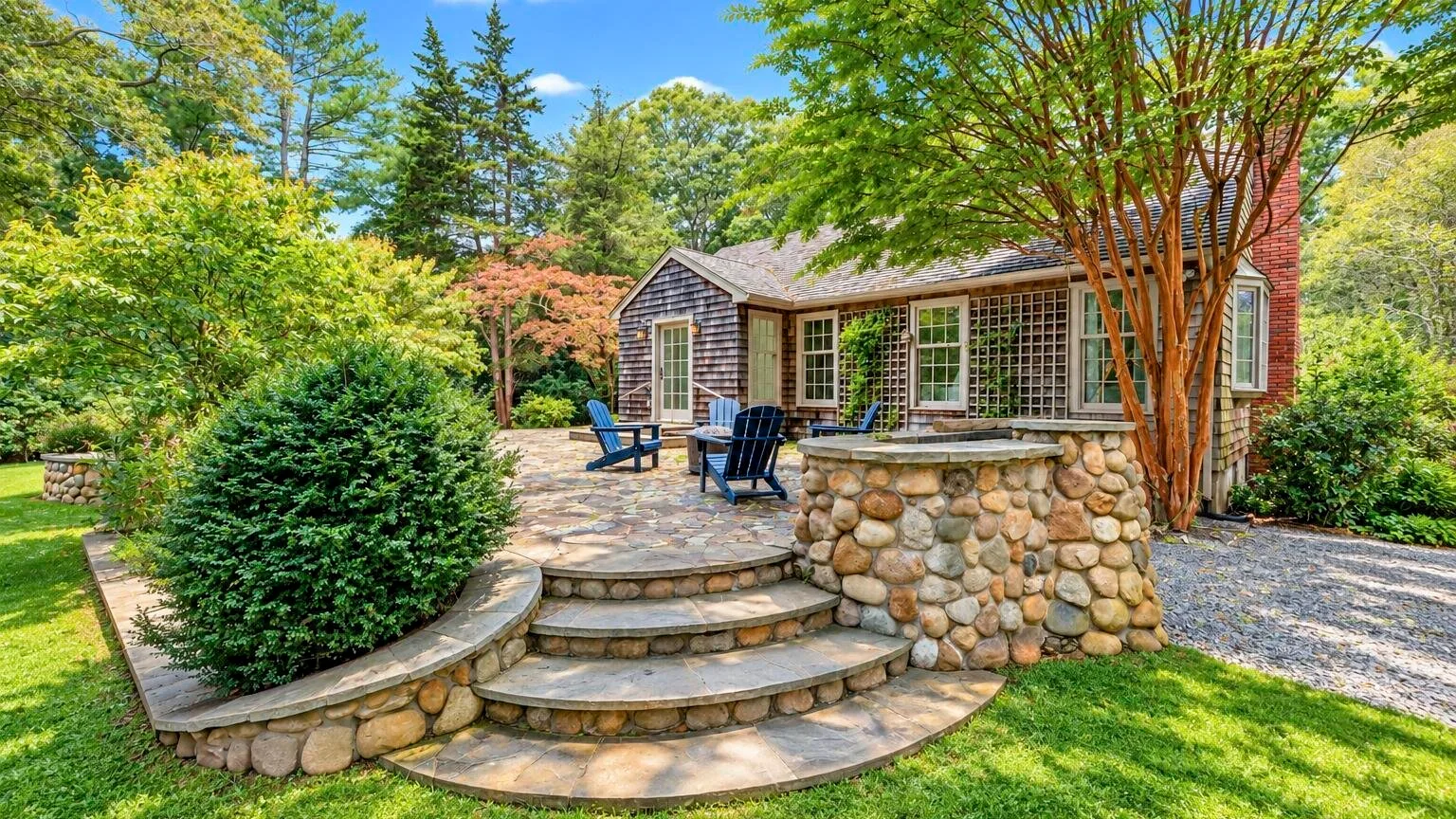 A stone patio with curved steps sits beside a house surrounded by trees.