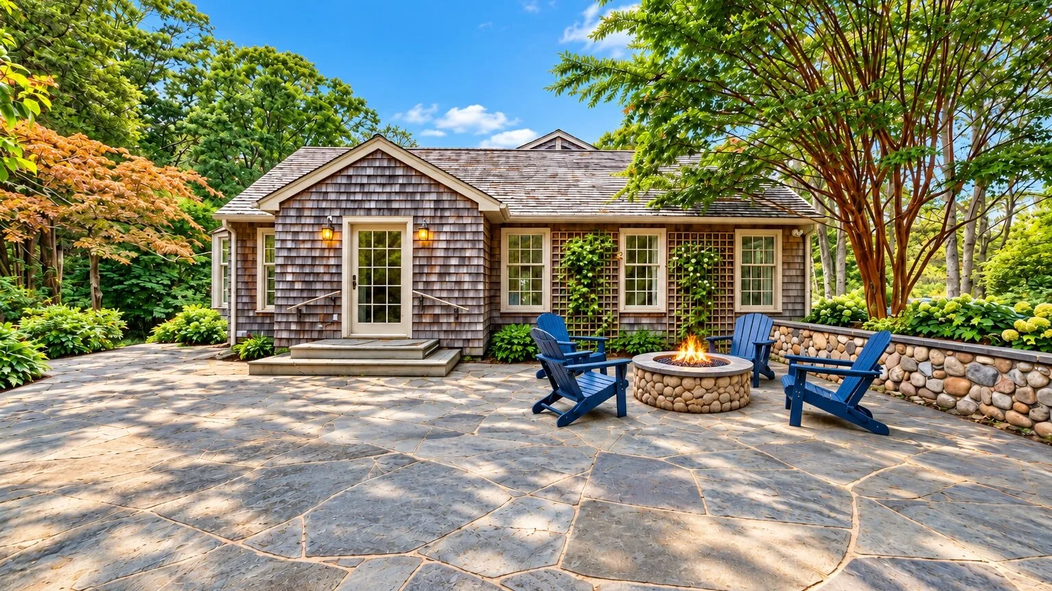 A cottage opens onto a stone patio with outdoor seating and a fire pit.