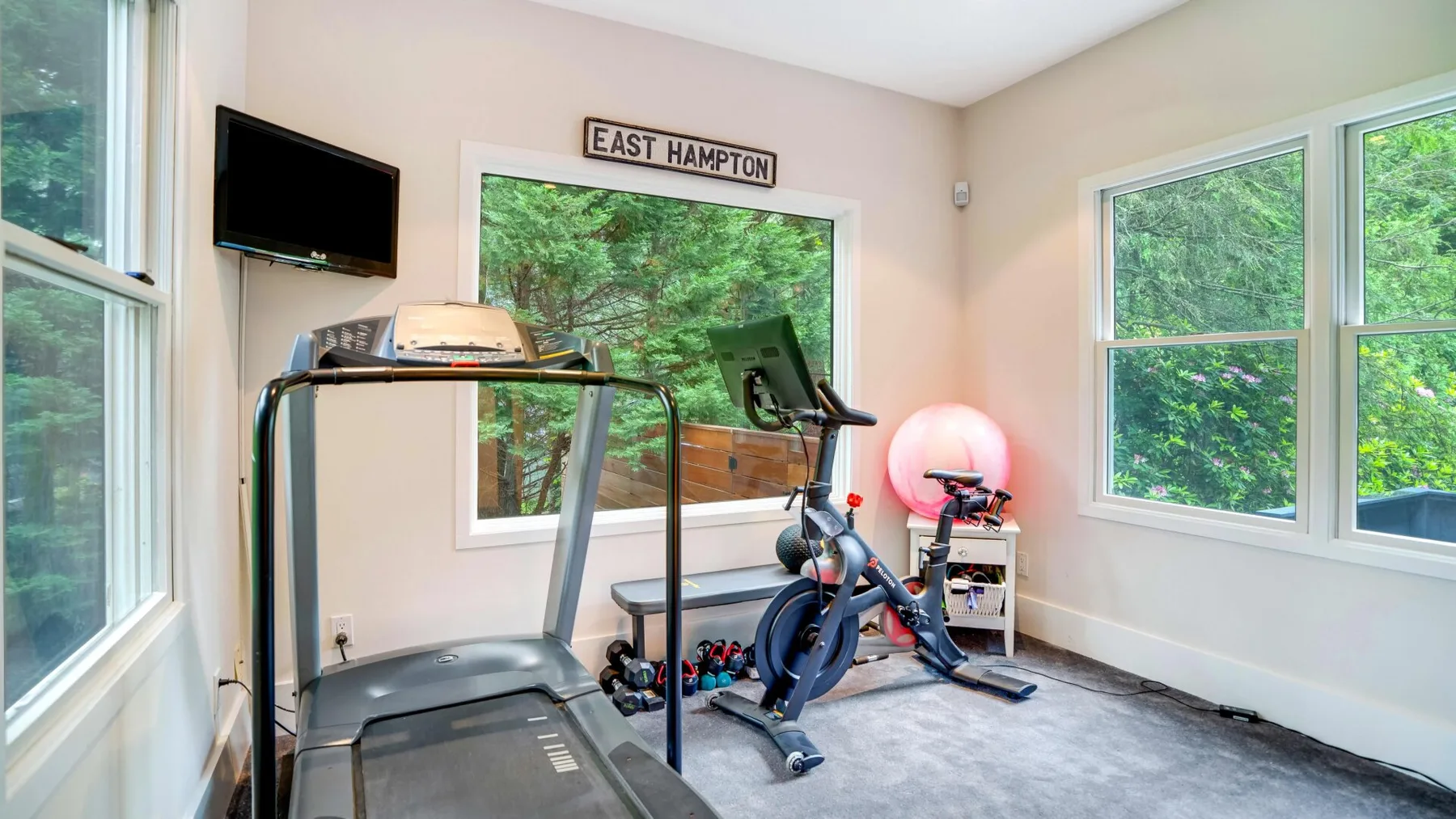 A bright home gym with exercise equipment and large windows overlooking greenery.