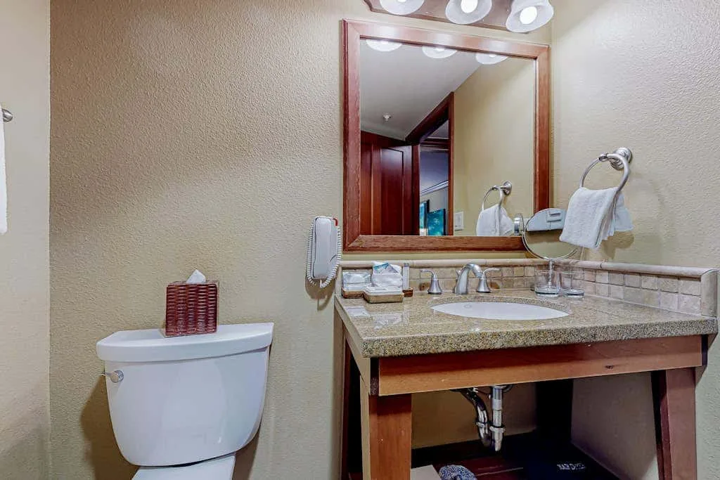 Un lavabo de baño con espejo y un inodoro al lado.