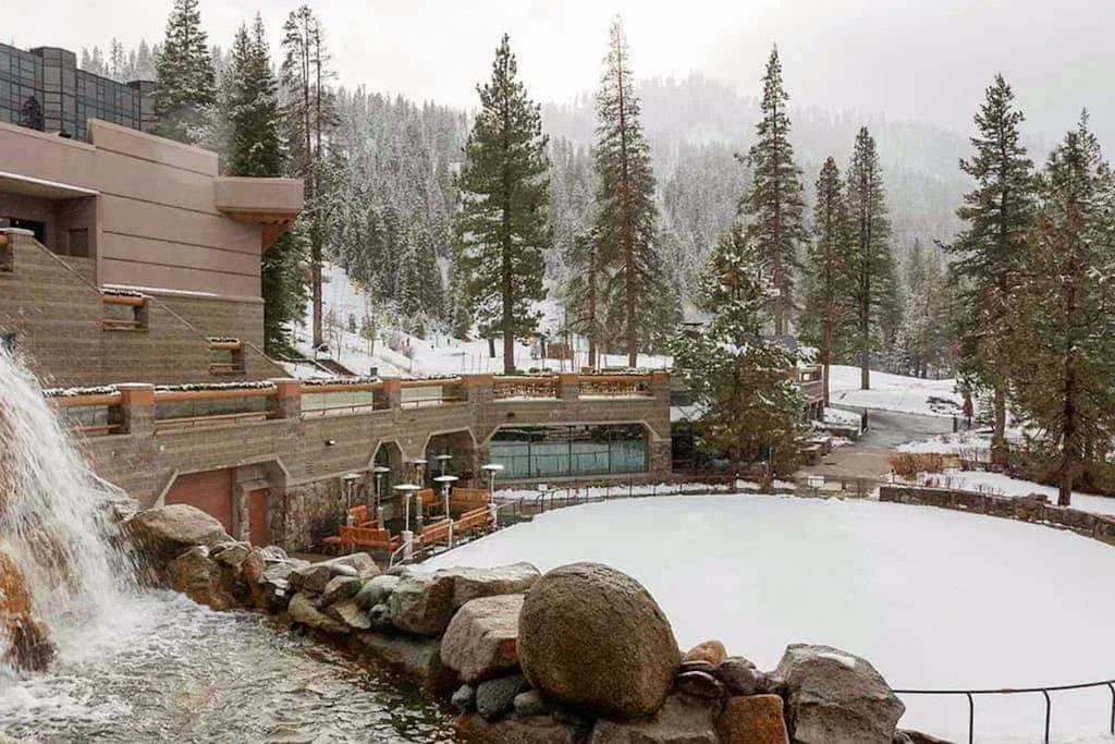 Una piscina exterior nevada junto a un edificio moderno, con pinos en la ladera.