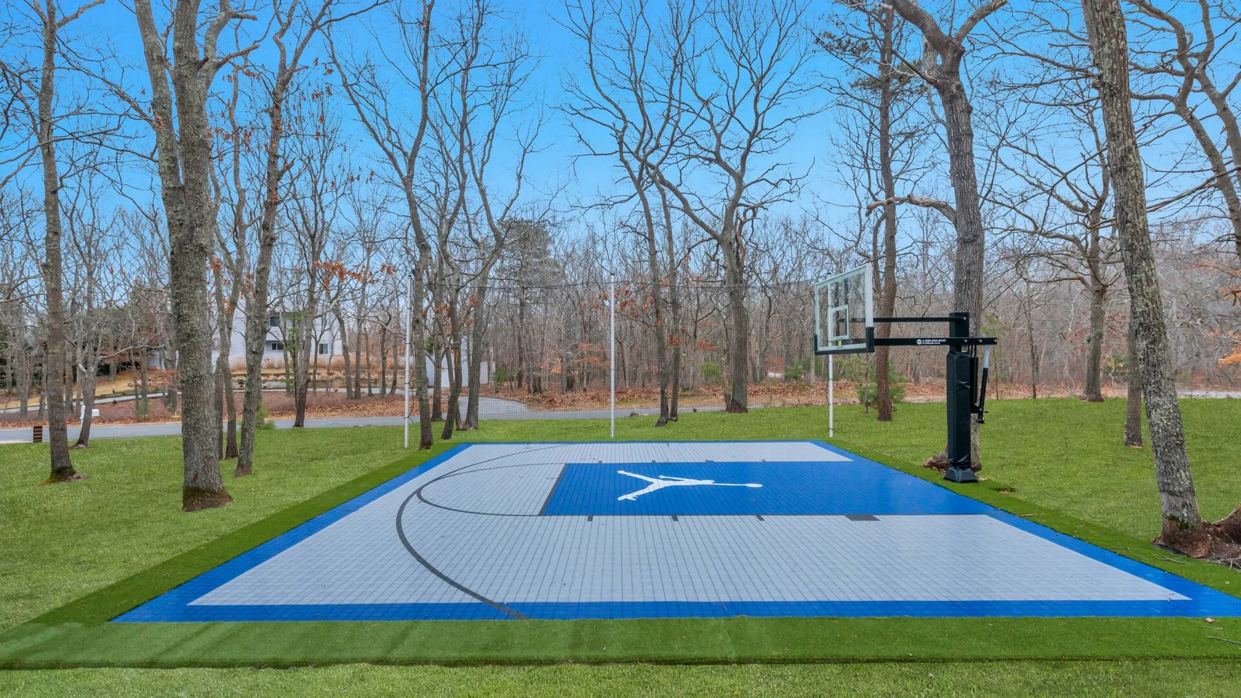 An outdoor basketball court with a blue playing surface sits among leafless trees.