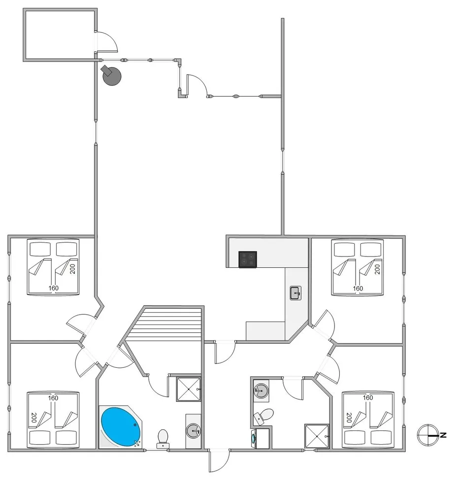 A floor plan shows bedrooms, bathrooms, and a central hallway.
