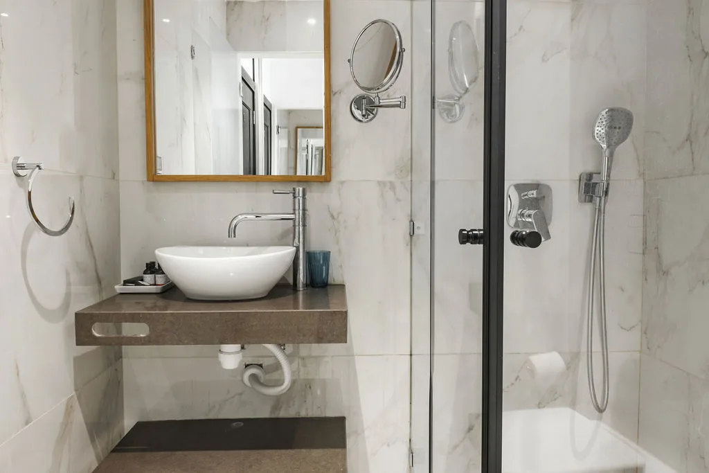 Marble bathroom sink and chrome fixtures