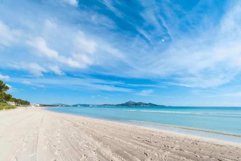 A sandy beach meets calm blue water beneath a cloud-streaked sky.