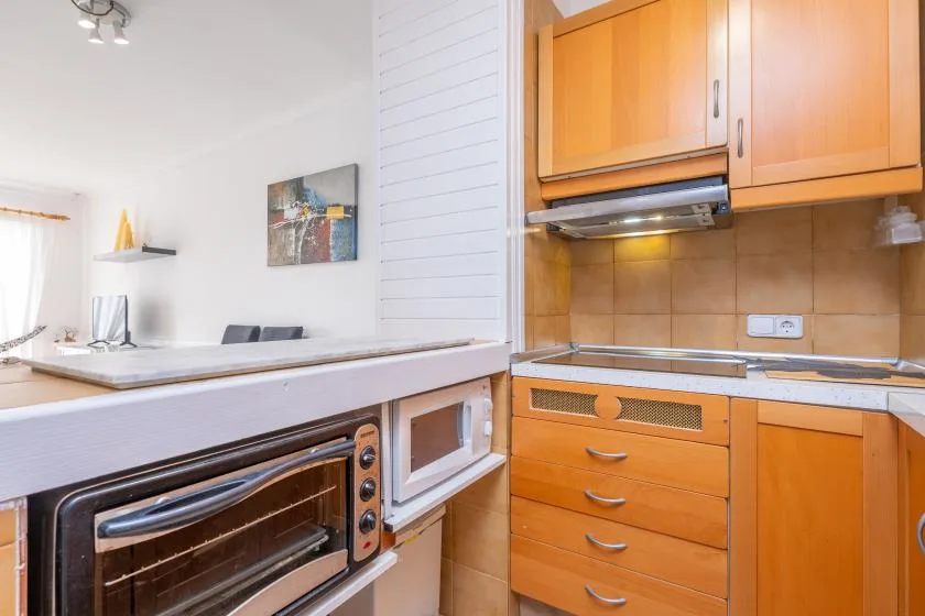 A kitchen with wooden cabinets, a tiled backsplash, and built-in appliances.