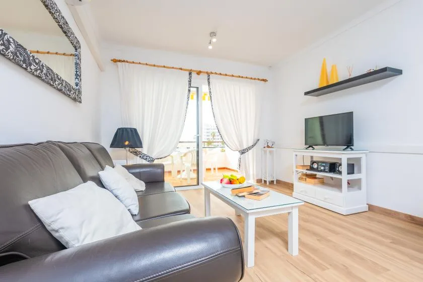 A bright living room with seating, a coffee table, and a television.