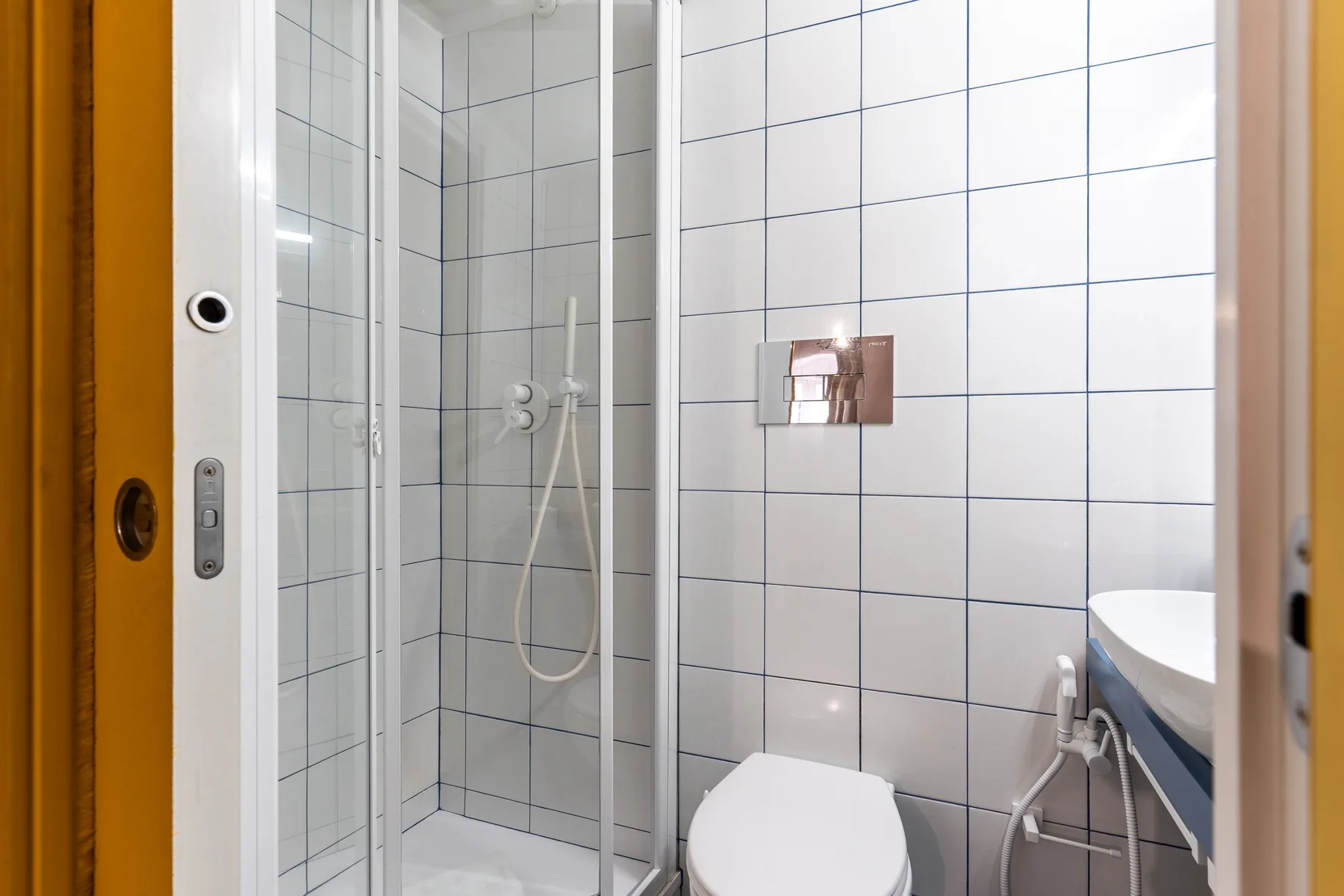 Un baño alicatado con ducha de cristal, inodoro y lavabo.