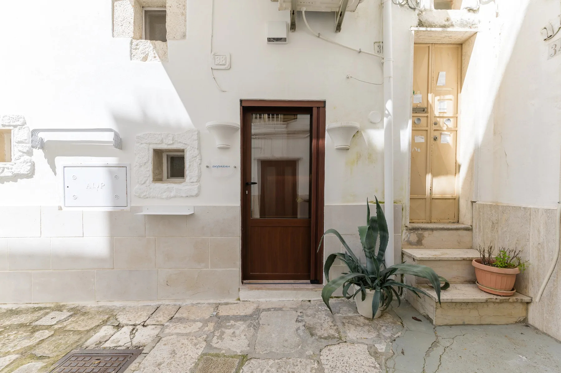 Una entrada exterior soleada con una puerta de madera oscura y plantas en macetas.
