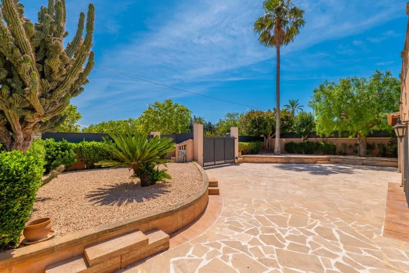 Un patio soleado con suelo pavimentado y una jardinera curva con plantas del desierto.