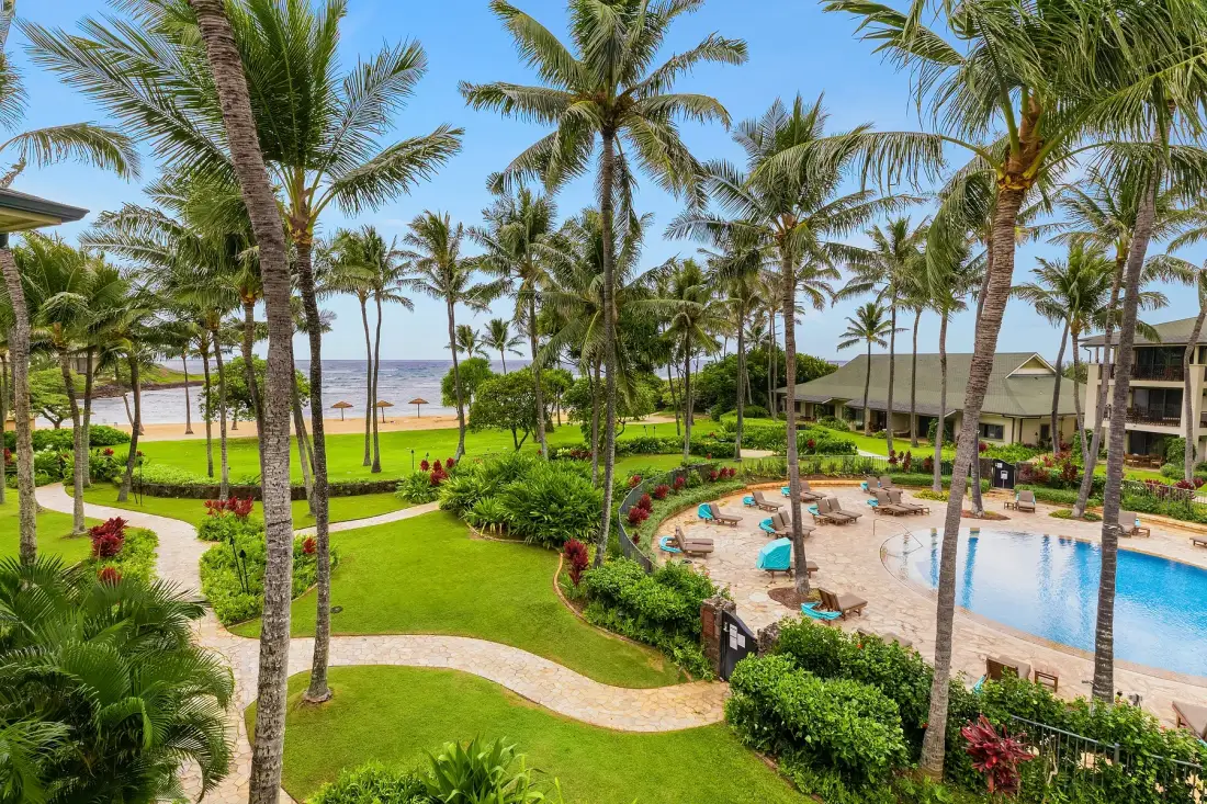 Unos jardines tropicales junto al mar con palmeras, césped verde y una piscina.