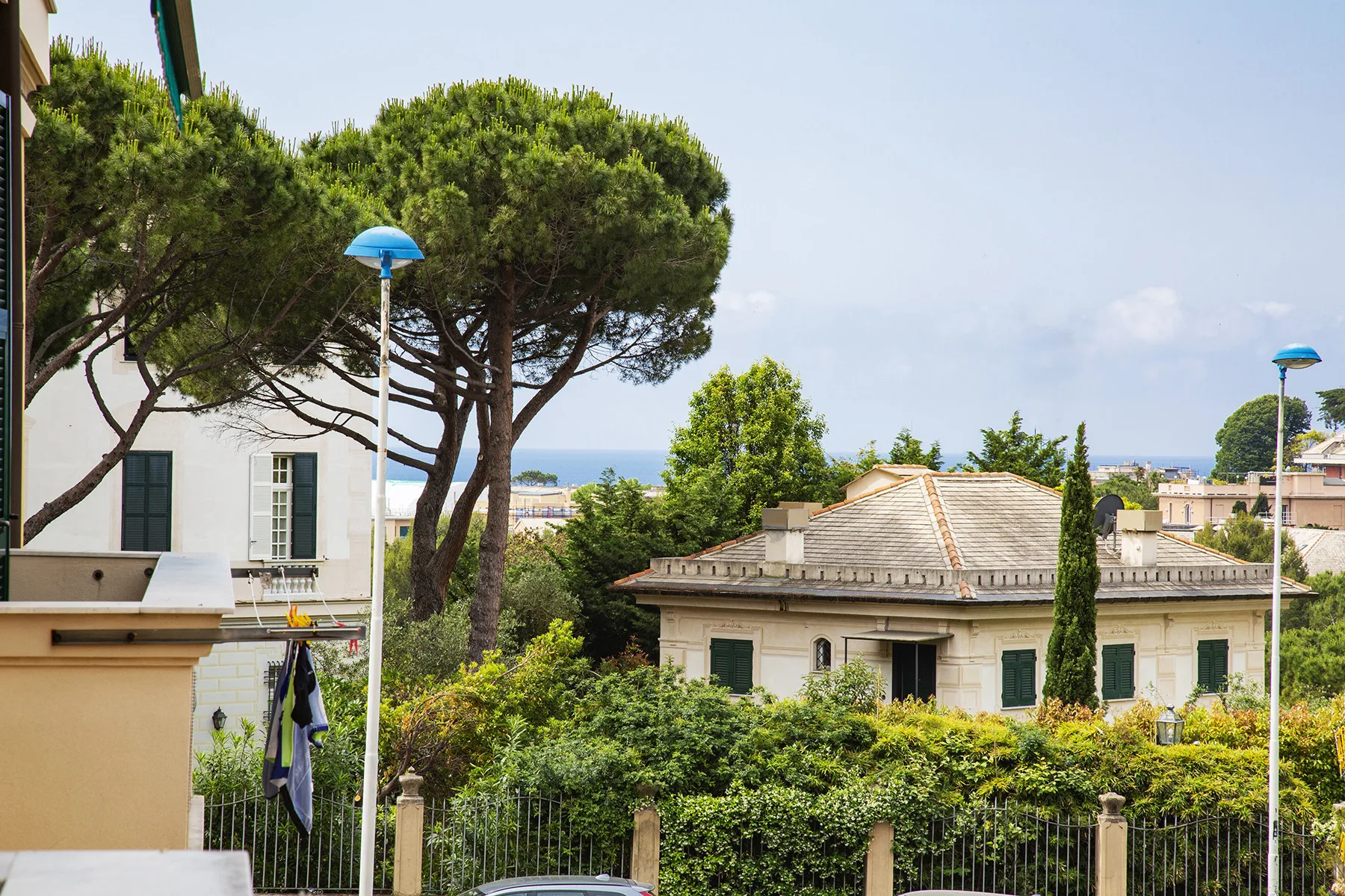 A leafy residential street with buildings, trees, and a distant glimpse of the sea.