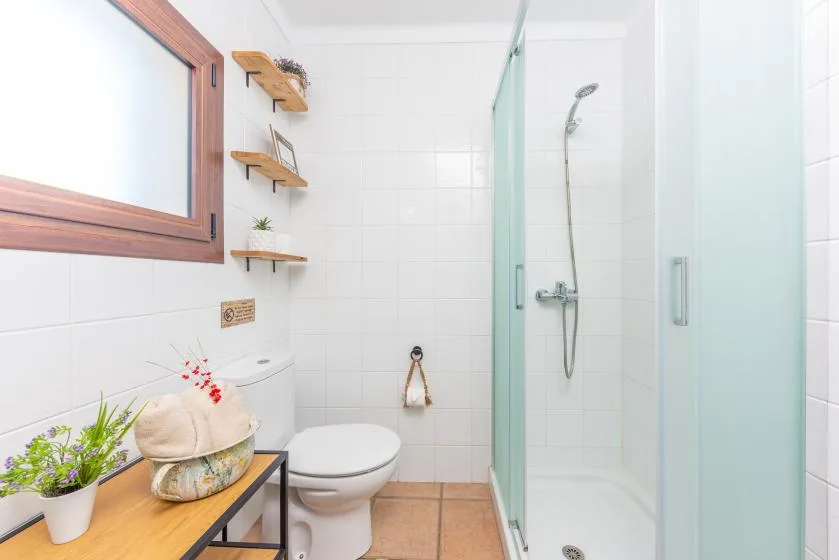 Un baño alicatado con ducha, inodoro y pequeños estantes en la pared.