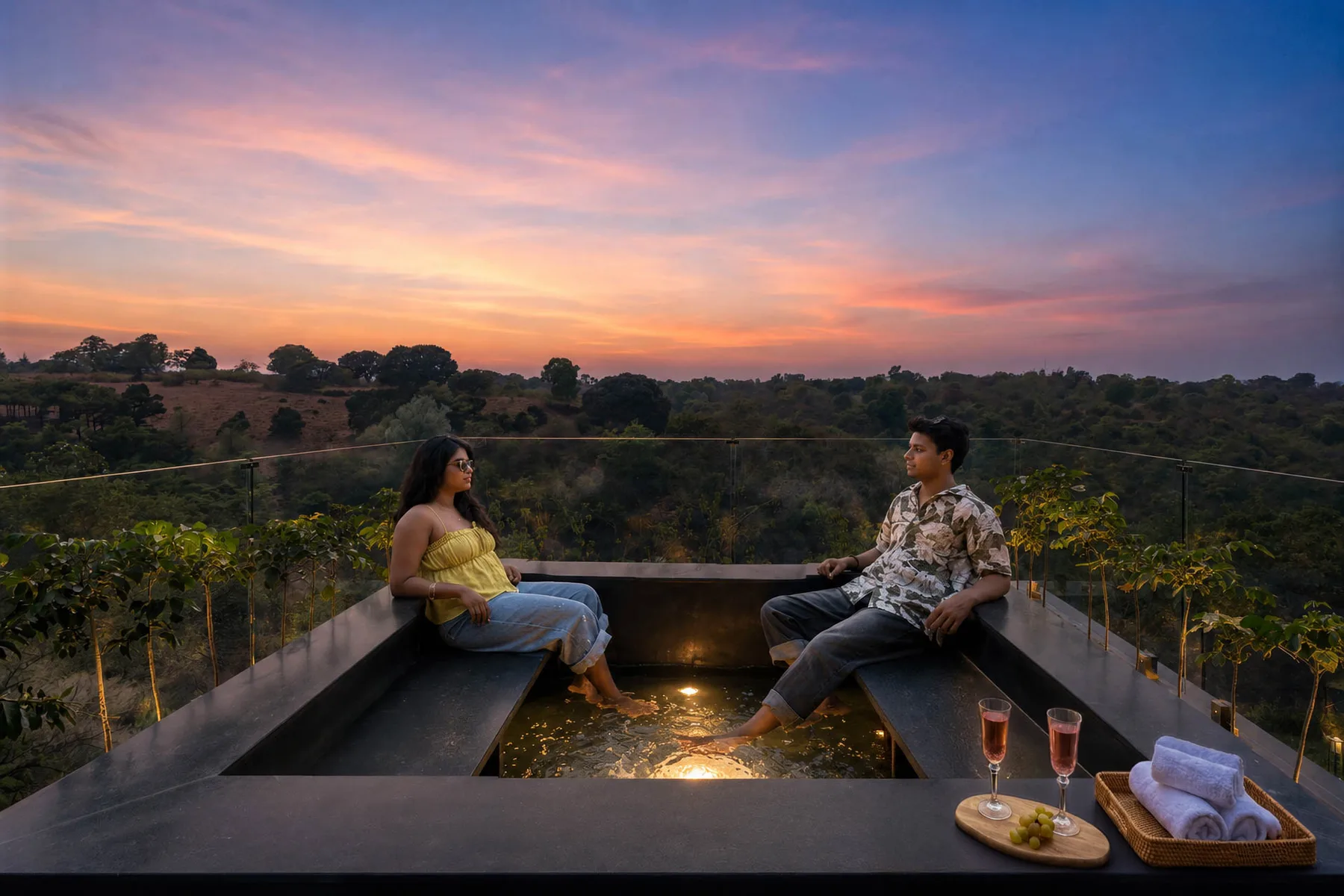 Una pareja está sentada junto a una piscina reflectante con vistas a un paisaje boscoso al atardecer.
