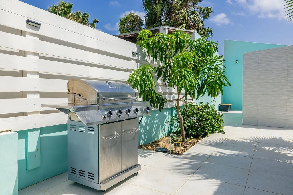 Fire up the grill in your sunny patio oasis, surrounded by vibrant tropical foliage and modern coastal charm—perfect for laid-back cookouts.