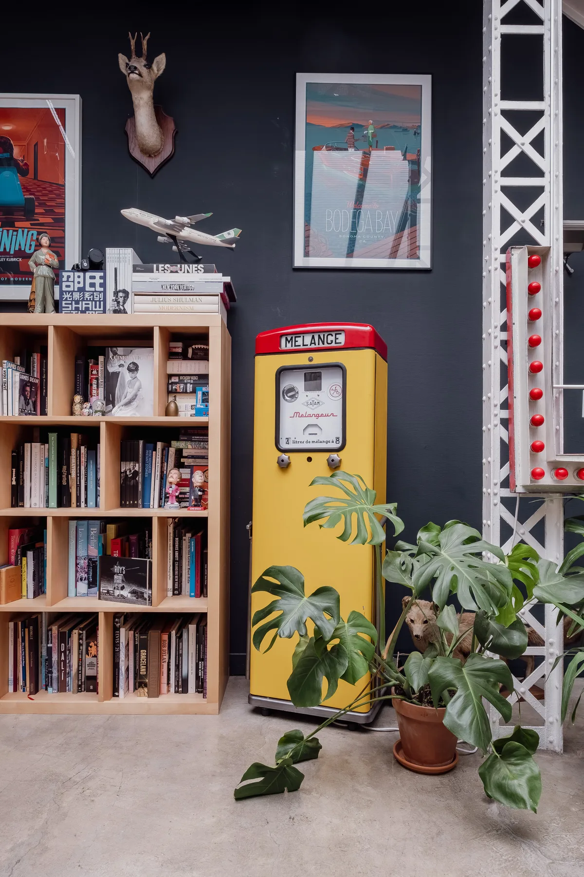 A bookshelf and yellow display cabinet stand against a wall with framed artwork and plants.
