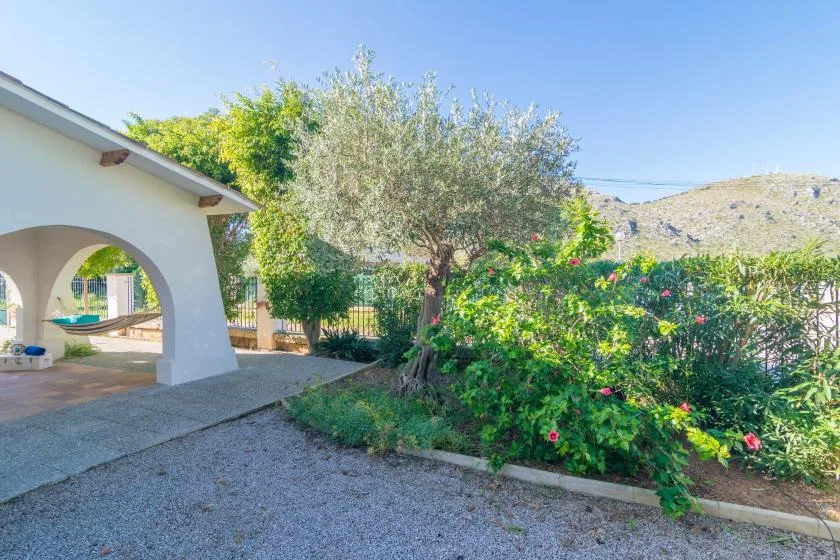 A garden courtyard with a gravel path, flowering shrubs, and a white arched structure.
