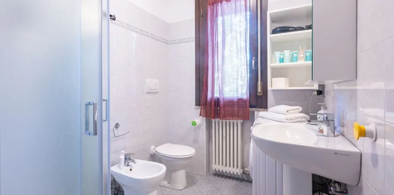 A bathroom with a sink, toilet, and a curtained window.