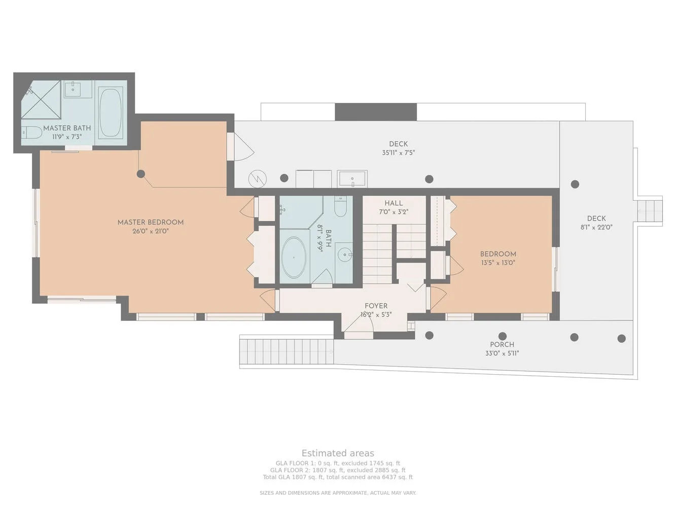 A residential floor plan showing bedrooms, bathrooms, a hall, and surrounding decks.