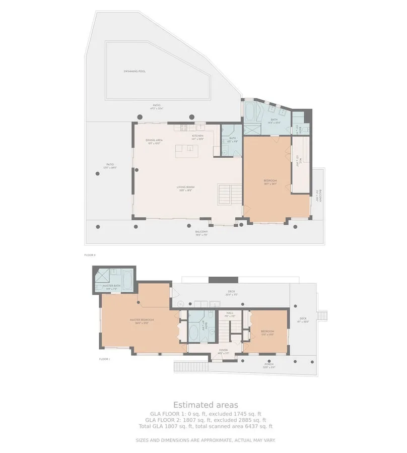 A two-level floor plan shows room layouts and surrounding outdoor areas.