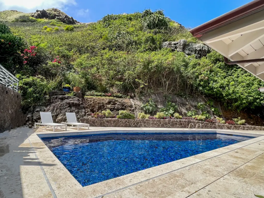 A swimming pool sits on a paved terrace below a lush hillside.