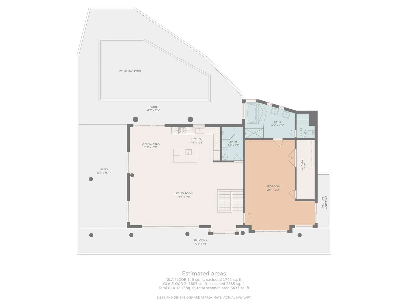 A floor plan shows a living room, bedrooms, bathrooms, and a swimming pool.