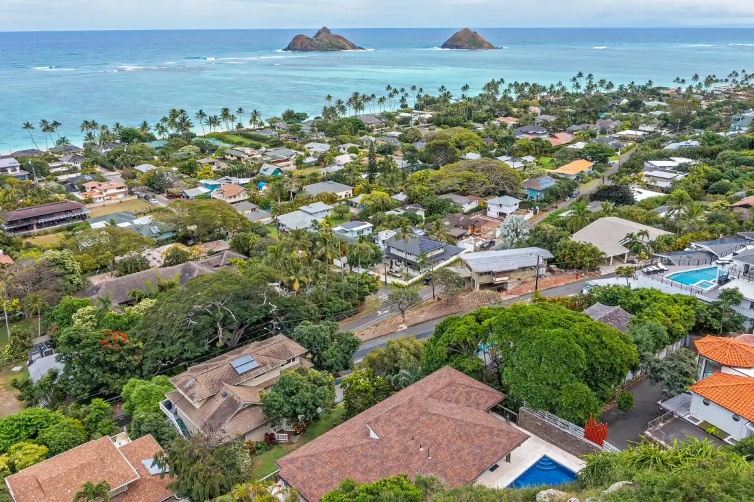 Aerial view of a coastal neighborhood with homes, palm trees, and ocean.