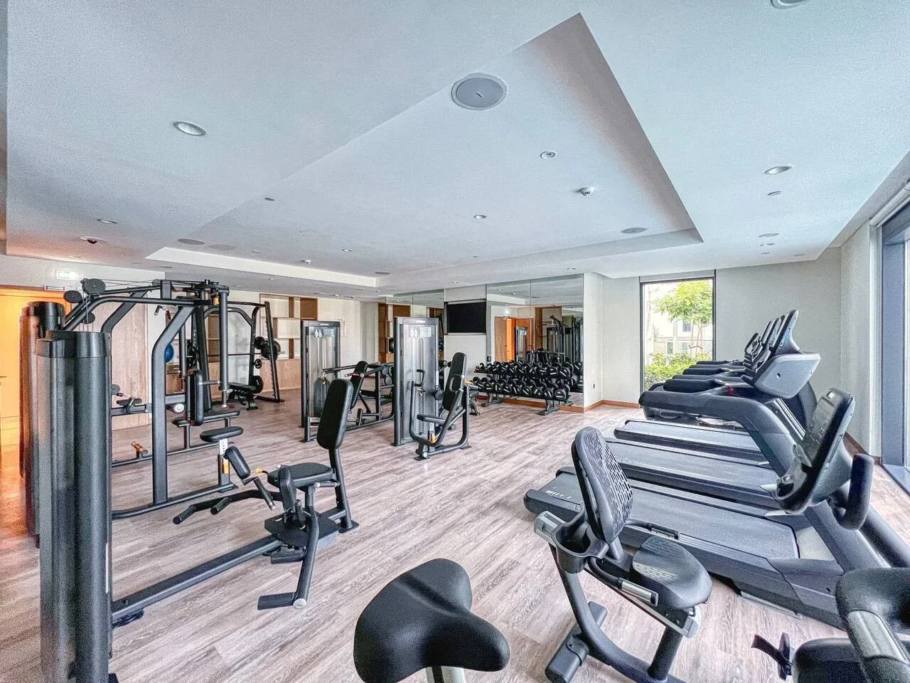 Sala de ejercicio con máquinas, pesas y cintas de correr.