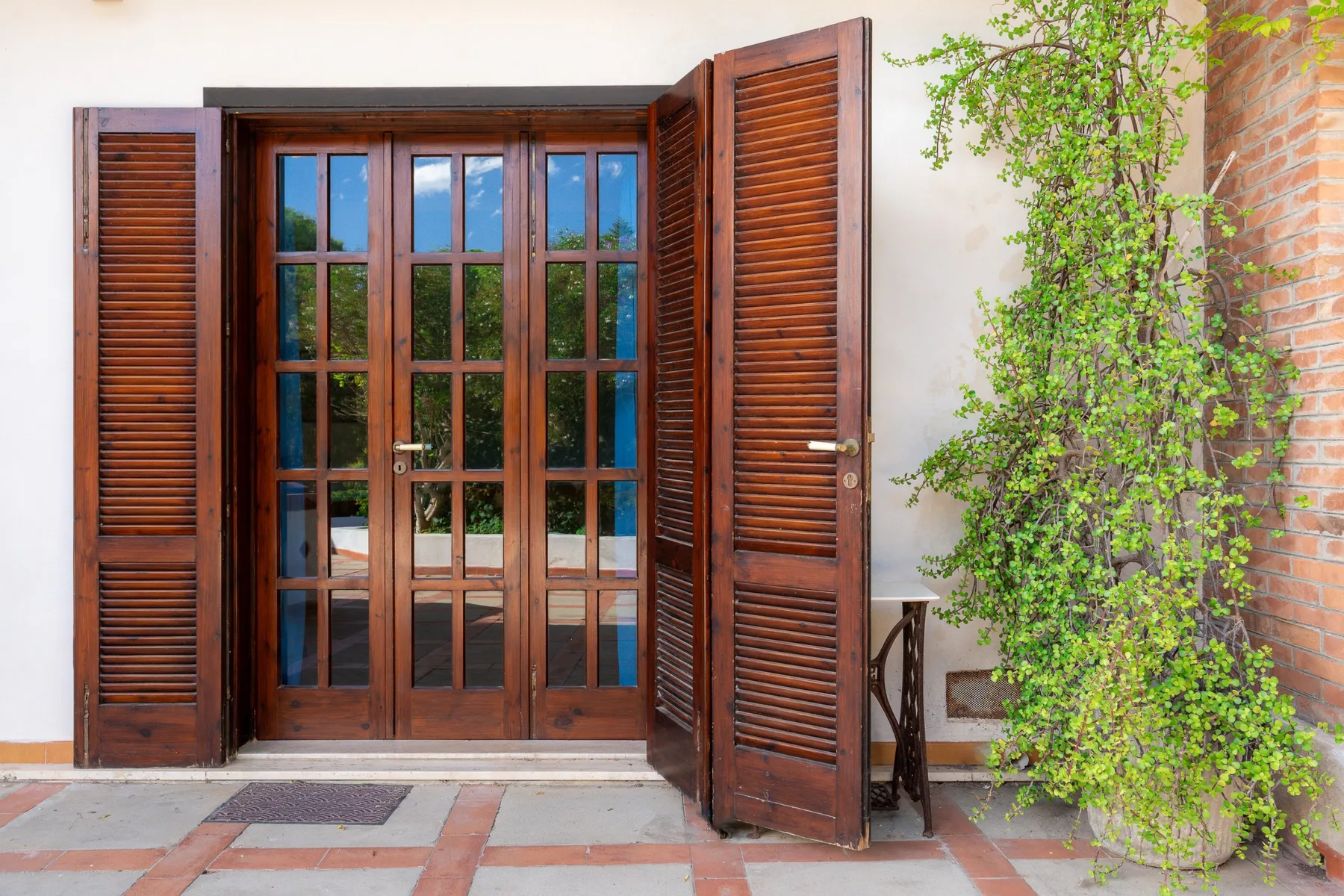 Una puerta de madera con paneles de vidrio da a un patio embaldosado junto a una planta trepadora.