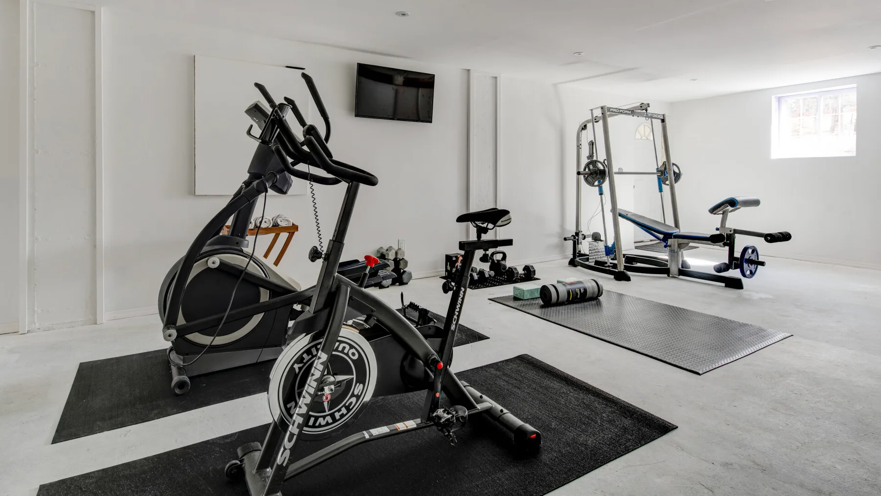 A home gym with exercise bikes and workout equipment on floor mats.