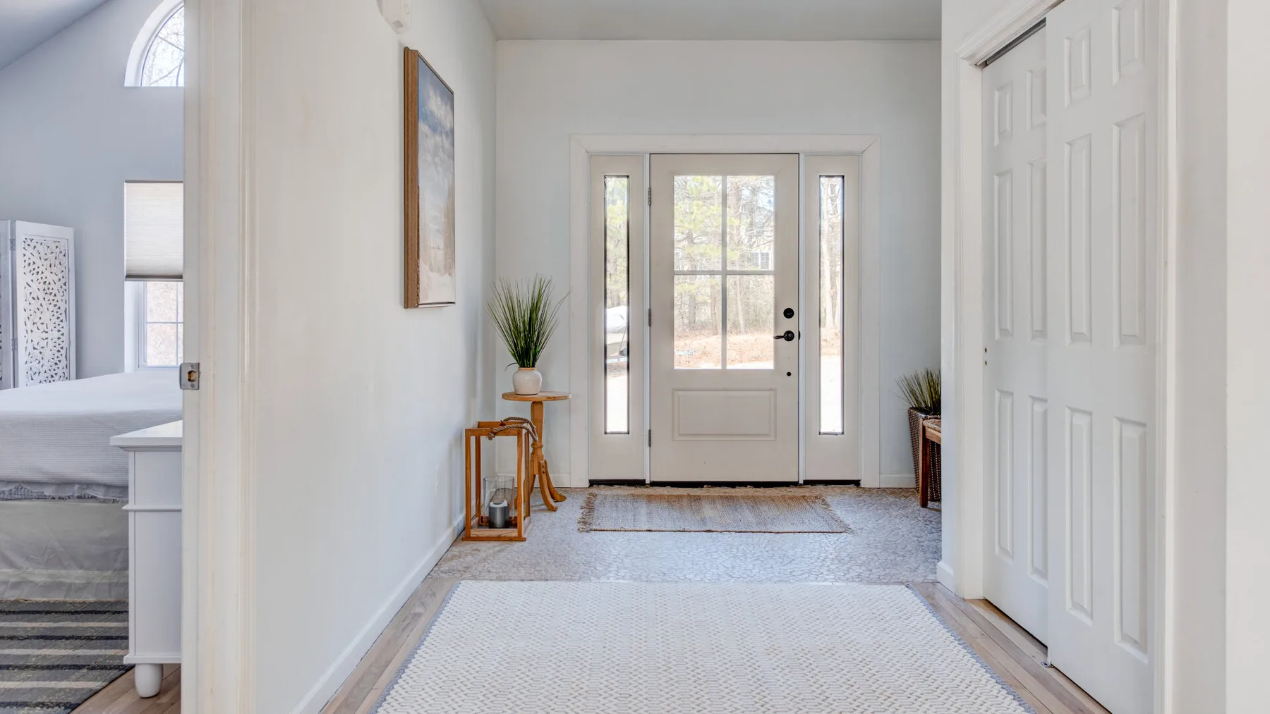 A bright entryway with a front door and sidelights opening onto a light-colored rug.