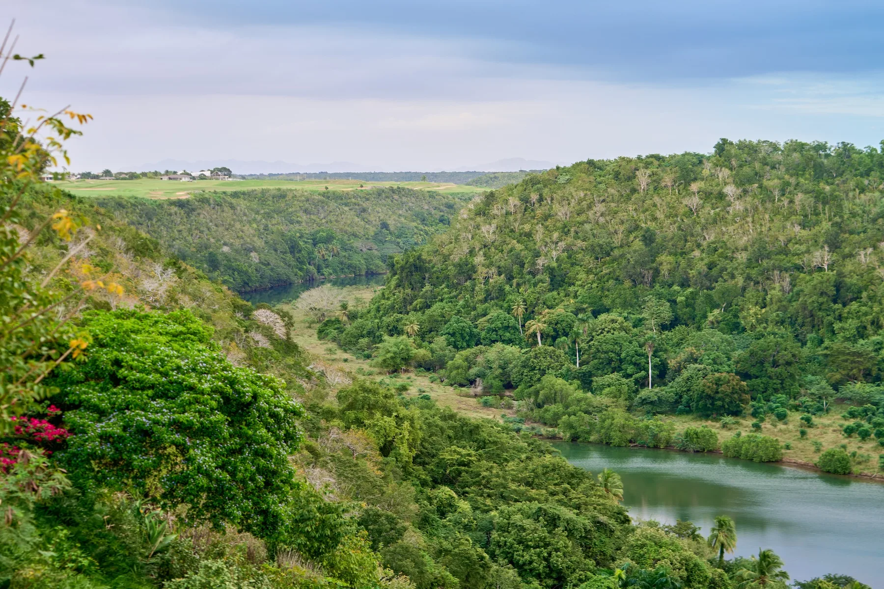 Un valle verde con colinas boscosas rodea un río tranquilo bajo un cielo nublado.