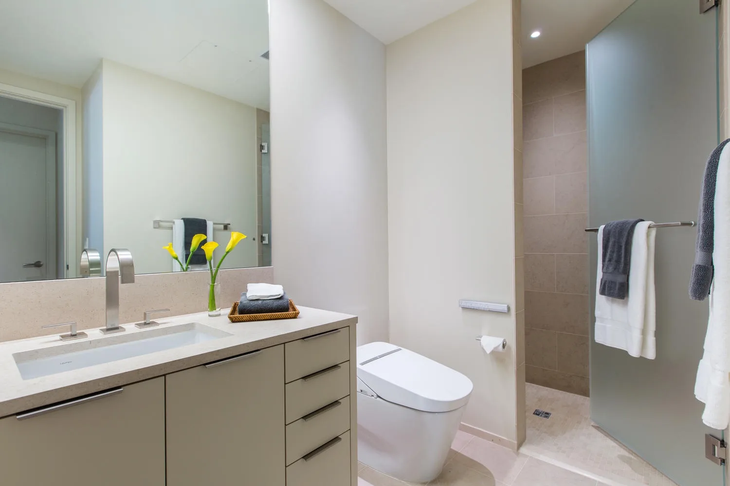 Un baño moderno con un amplio lavabo y una zona de ducha abierta.