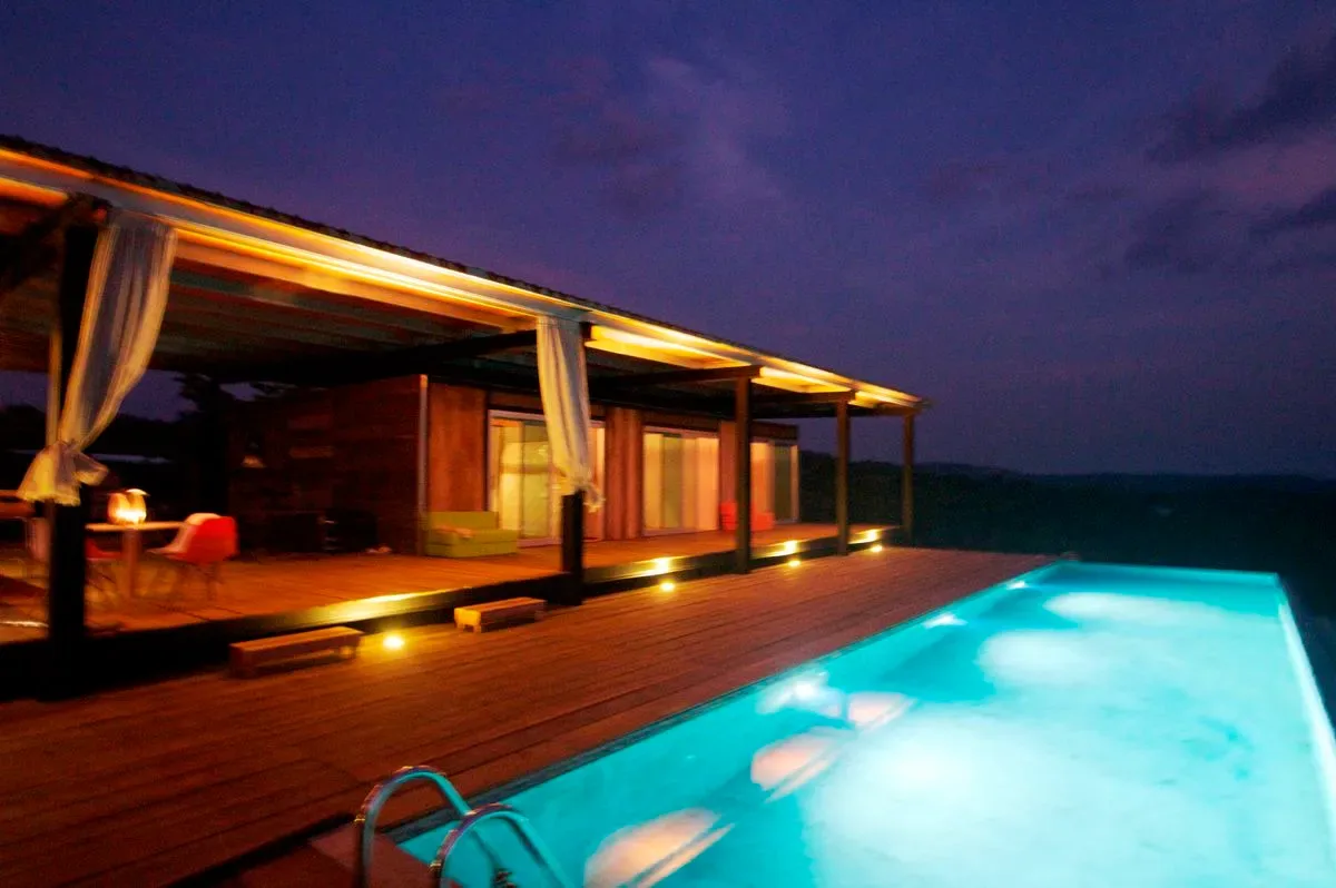 Pool lit up at night