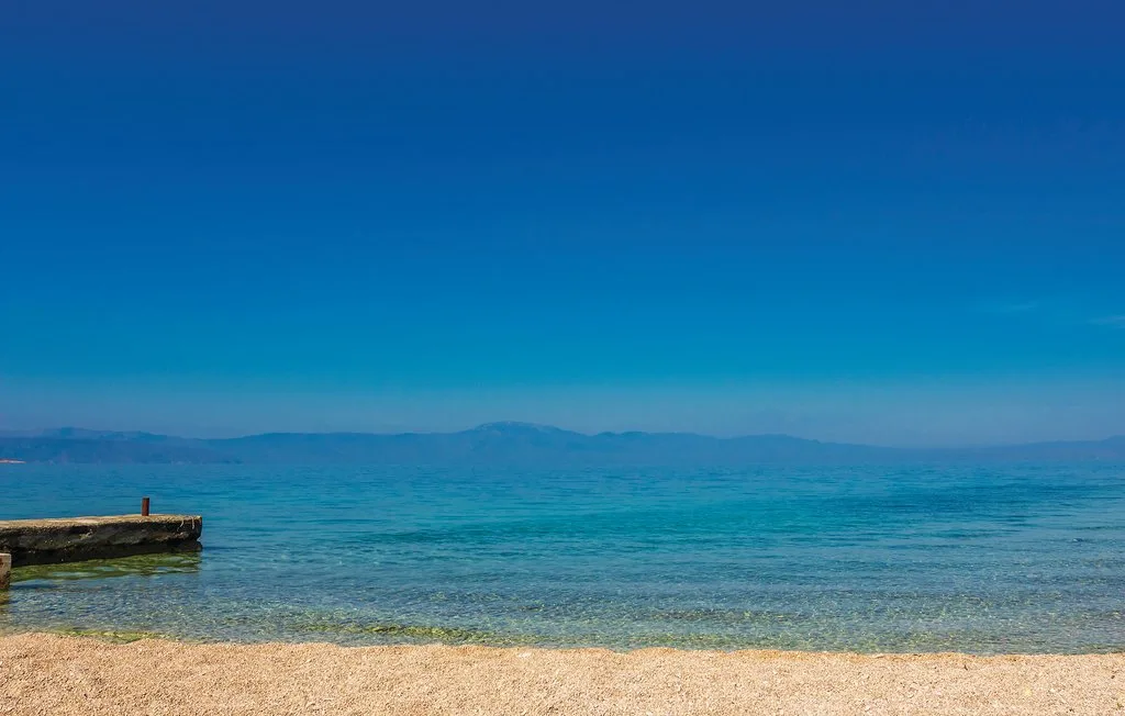 A sandy beach meets calm blue water beneath a clear sky.