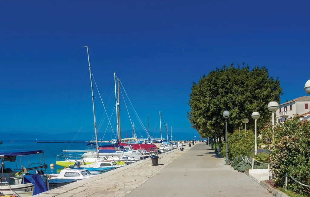 A sunny waterfront promenade runs beside moored boats and trees.