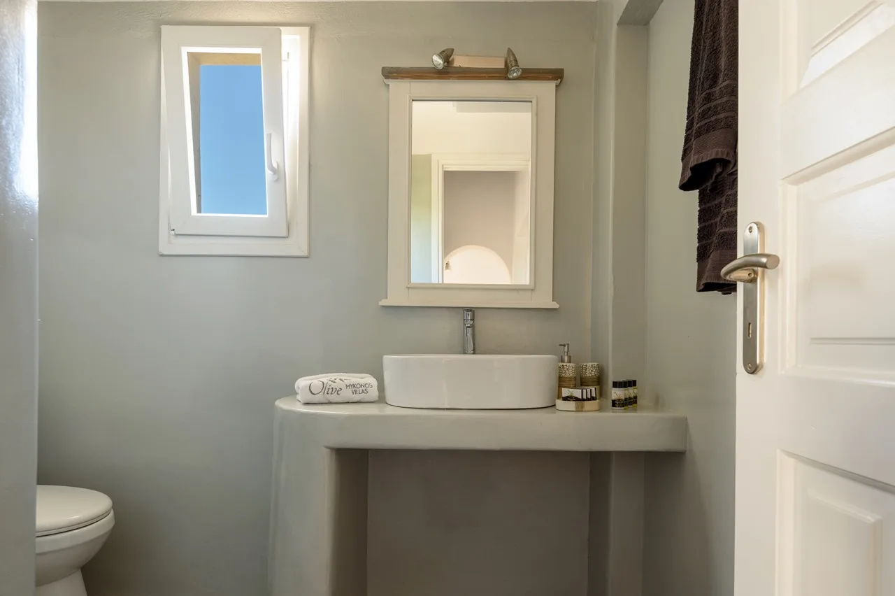 Un baño con lavabo, espejo e inodoro.