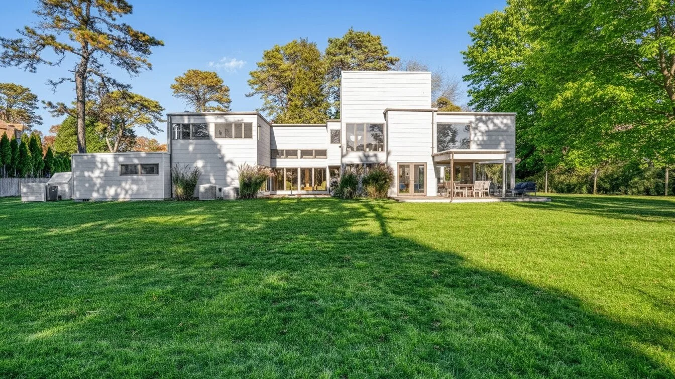 Una casa moderna se alza detrás de un amplio césped verde, rodeada de árboles.