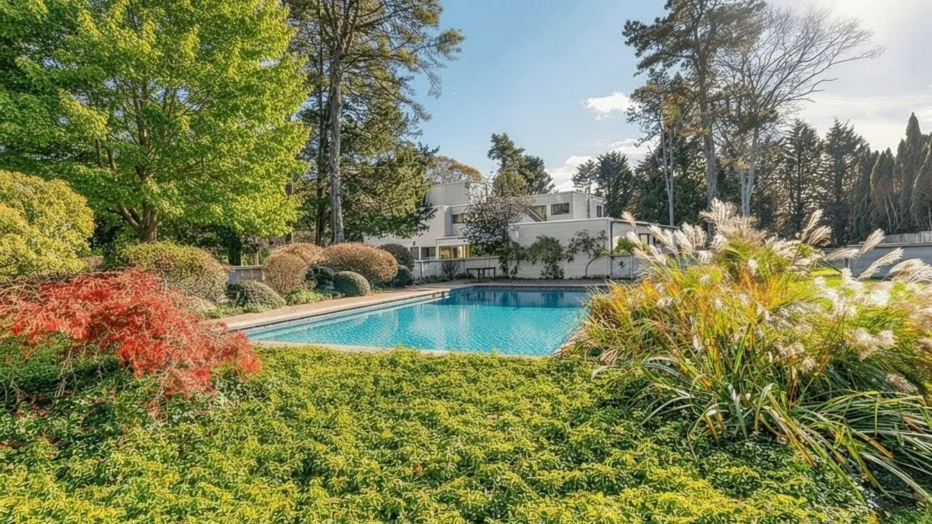 Un jardín rodea una piscina, con una casa moderna visible al fondo.