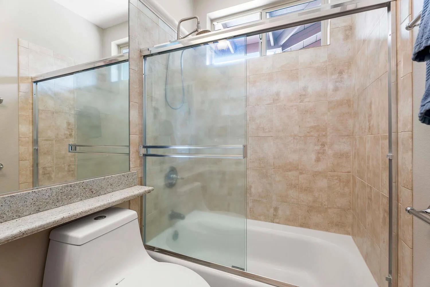 Un baño con ducha de paneles de vidrio y bañera junto al inodoro.