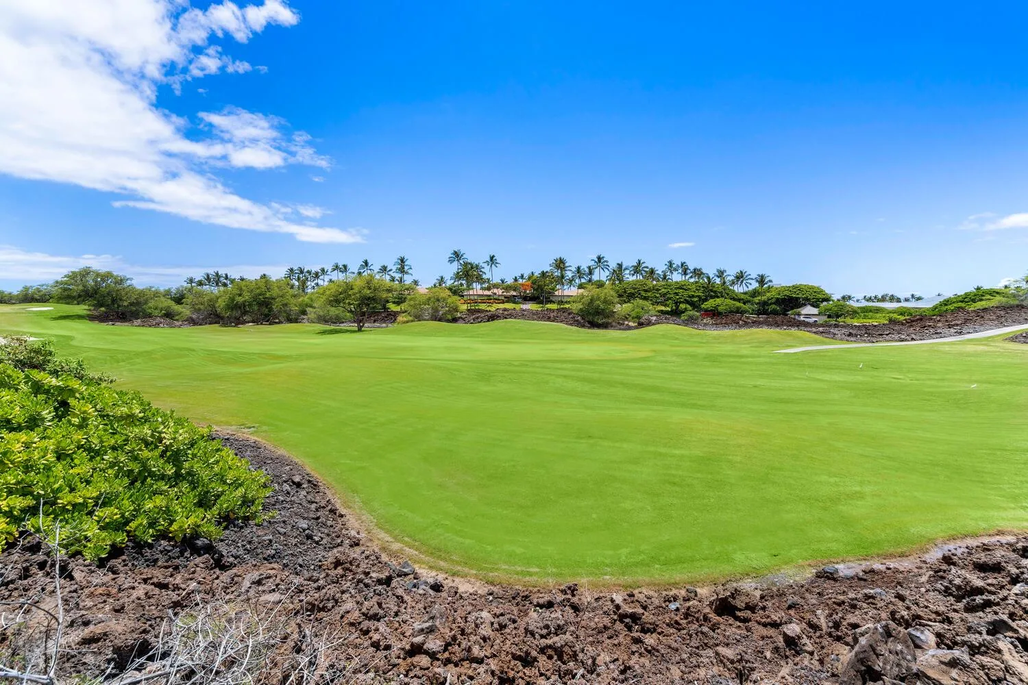 Un amplio campo de golf verde rodeado de arbustos bajos bajo un cielo azul.